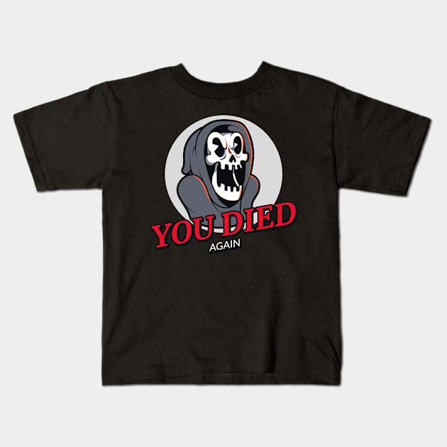 Cuphead Styled Funny Gamer Death Reaper You Died Again Kids T-Shirt by RareLoot19